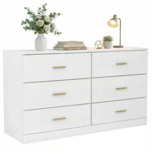 White Wooden 6-Drawer Dresser with Gold Handles