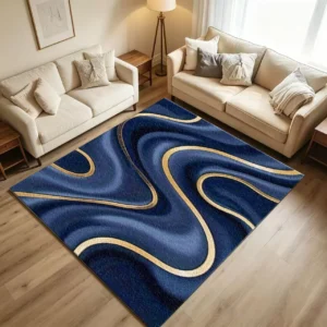 Navy Blue Gold Swirl Marble Non-Slip Area Rug